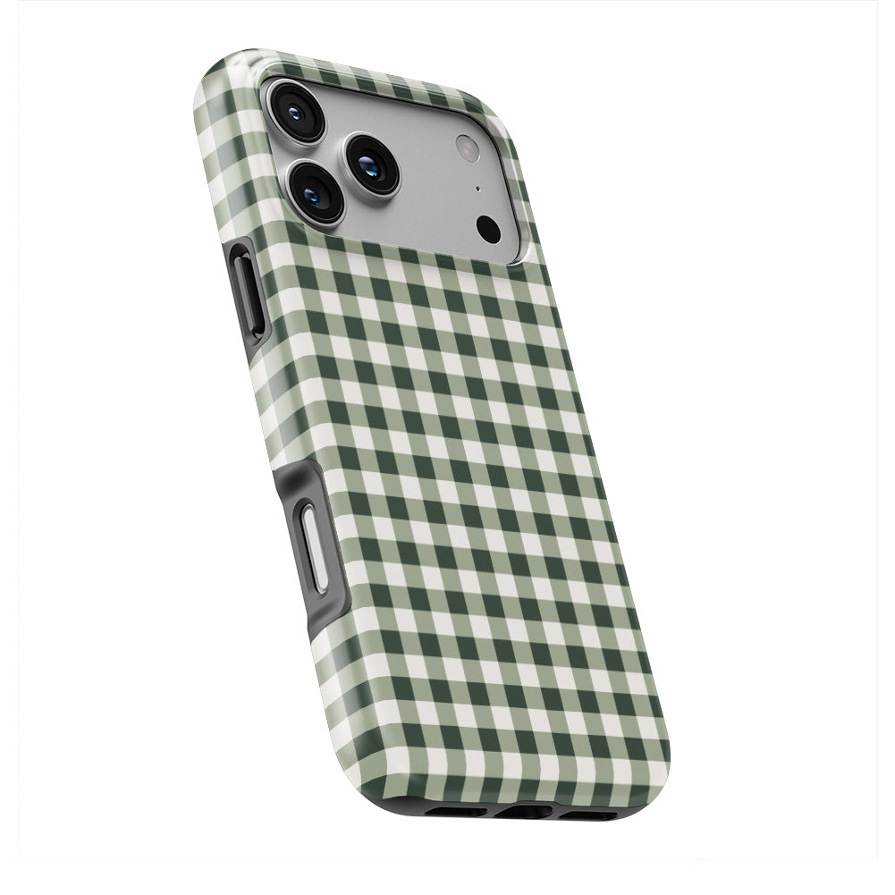 Deep Forest Gingham phone case — slight angle, side edge visible